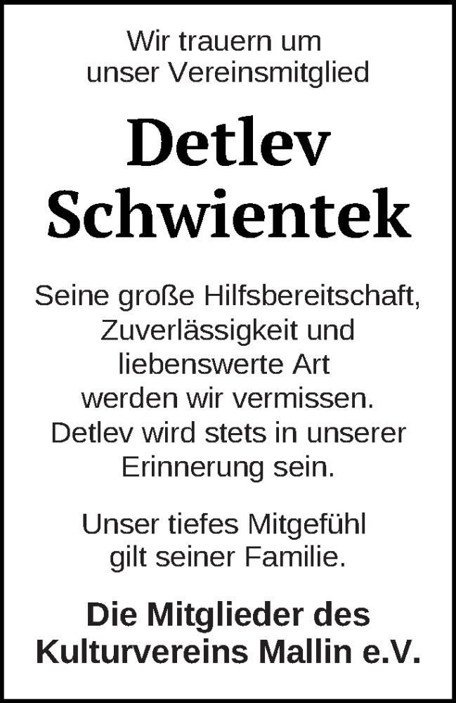 Traueranzeigen Von Detlev Schwientek Trauer Nordkurier