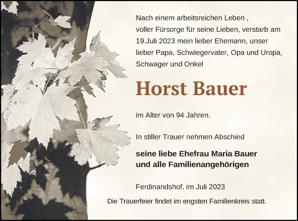  Traueranzeige für Horst Bauer vom 21.07.2023 aus Haff-Zeitung