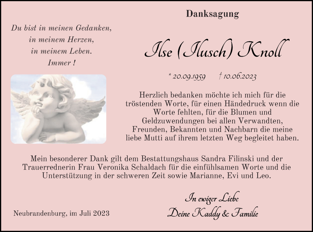  Traueranzeige für Ilse Knoll vom 08.07.2023 aus Neubrandenburger Zeitung