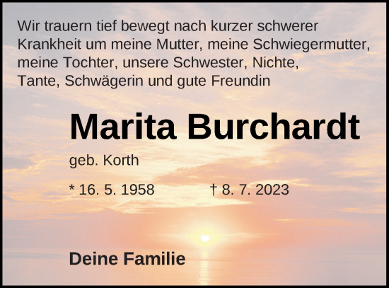 Traueranzeigen Von Marita Burchardt Trauer Nordkurier