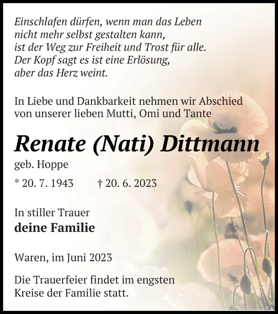 Traueranzeige von Renate Dittmann von Müritz-Zeitung