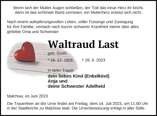 Traueranzeige von Waltraud Last von Müritz-Zeitung