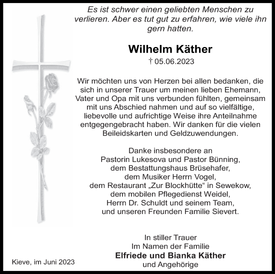 Traueranzeige von Wilhelm Käther von Müritz-Zeitung