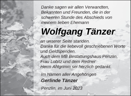 Traueranzeigen von Wolfgang Tänzer Trauer Nordkurier