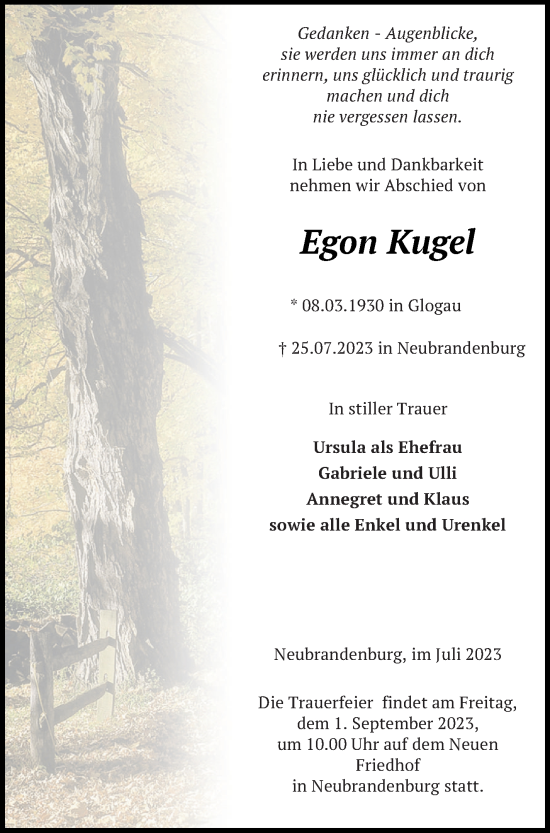 Traueranzeigen Von Egon Kugel Trauer Nordkurier