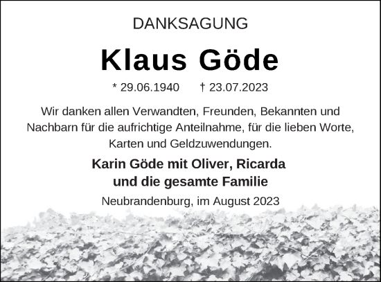 Traueranzeigen von Klaus Göde Trauer Nordkurier