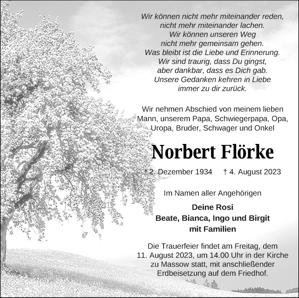  Traueranzeige für Norbert Flörke vom 09.08.2023 aus Müritz-Zeitung