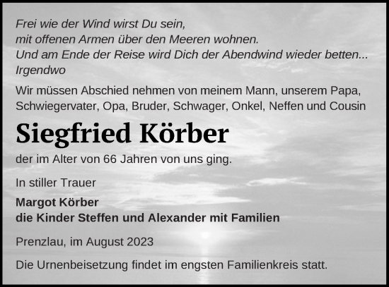 Traueranzeigen Von Siegfried K Rber Trauer Nordkurier