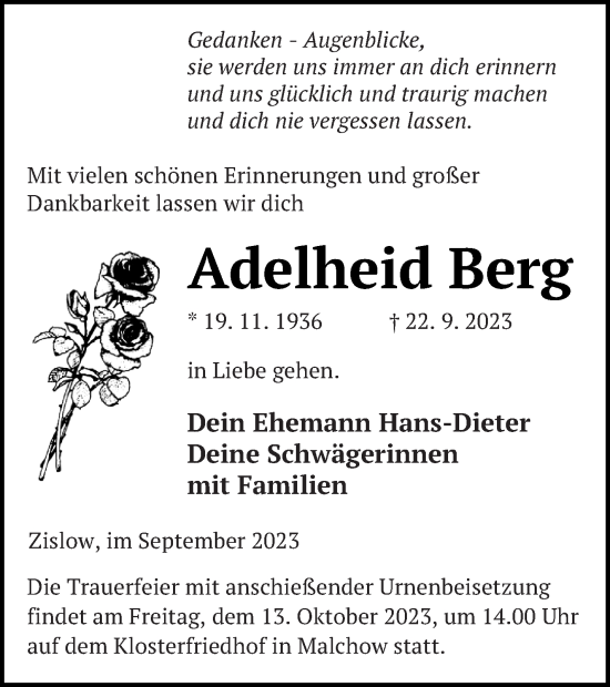 Traueranzeige von Adelheid Berg von Müritz-Zeitung