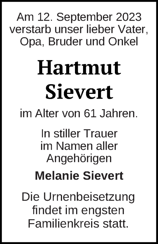 Traueranzeigen Von Hartmut Sievert Trauer Nordkurier