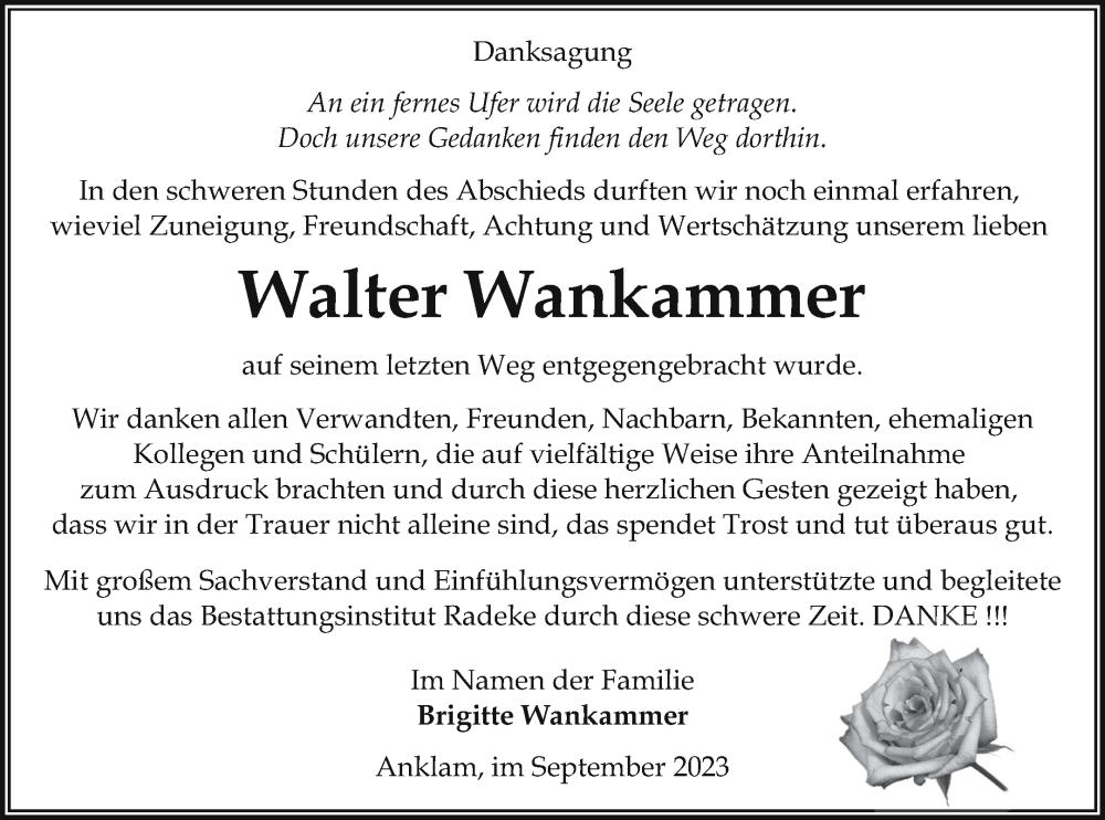  Traueranzeige für Walter Wankammer vom 09.09.2023 aus Vorpommern Kurier
