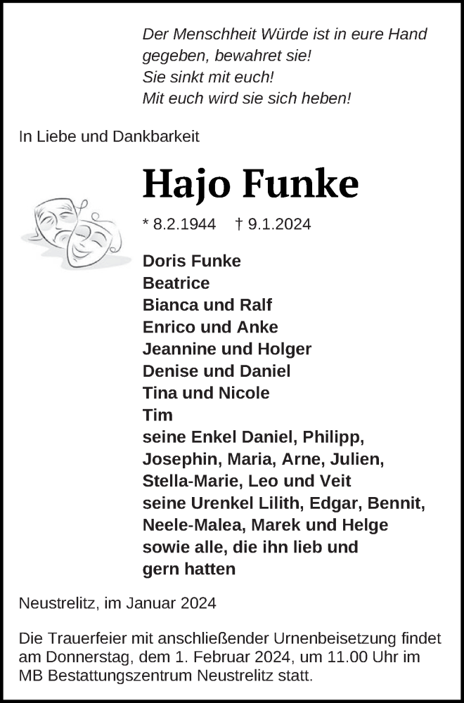  Traueranzeige für Hajo Funke vom 13.01.2024 aus Strelitzer Zeitung