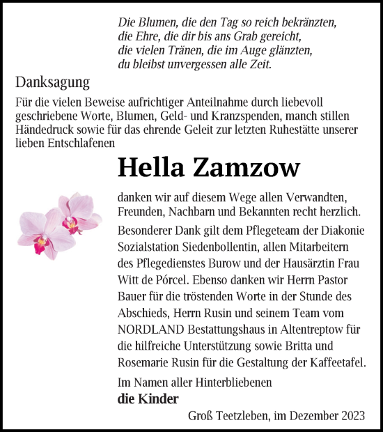 Traueranzeige von Hella Zamzow von Neubrandenburger Zeitung