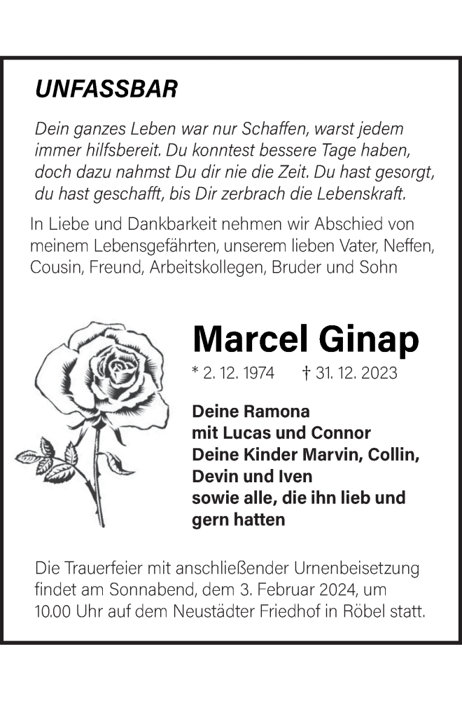  Traueranzeige für Marcel Ginap vom 12.01.2024 aus Müritz-Zeitung