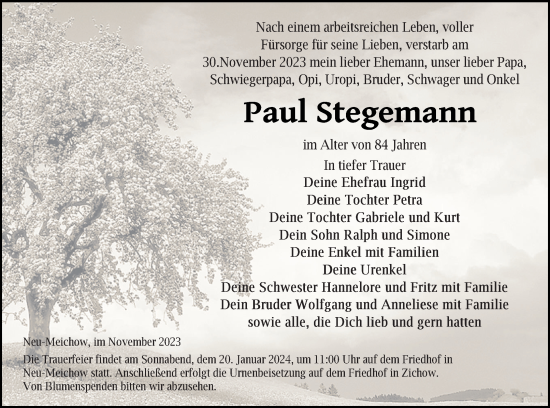 Traueranzeige von Paul Stegemann von Prenzlauer Zeitung