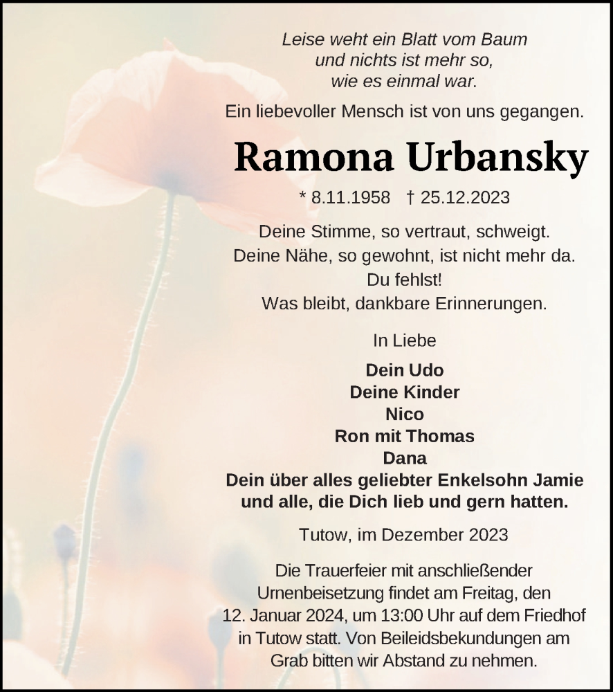  Traueranzeige für Ramona Urbansky vom 05.01.2024 aus Vorpommern Kurier