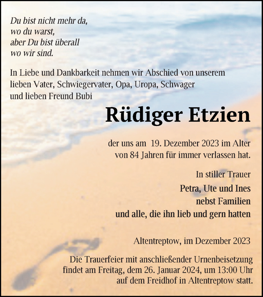  Traueranzeige für Rüdiger Etzien vom 05.01.2024 aus Neubrandenburger Zeitung