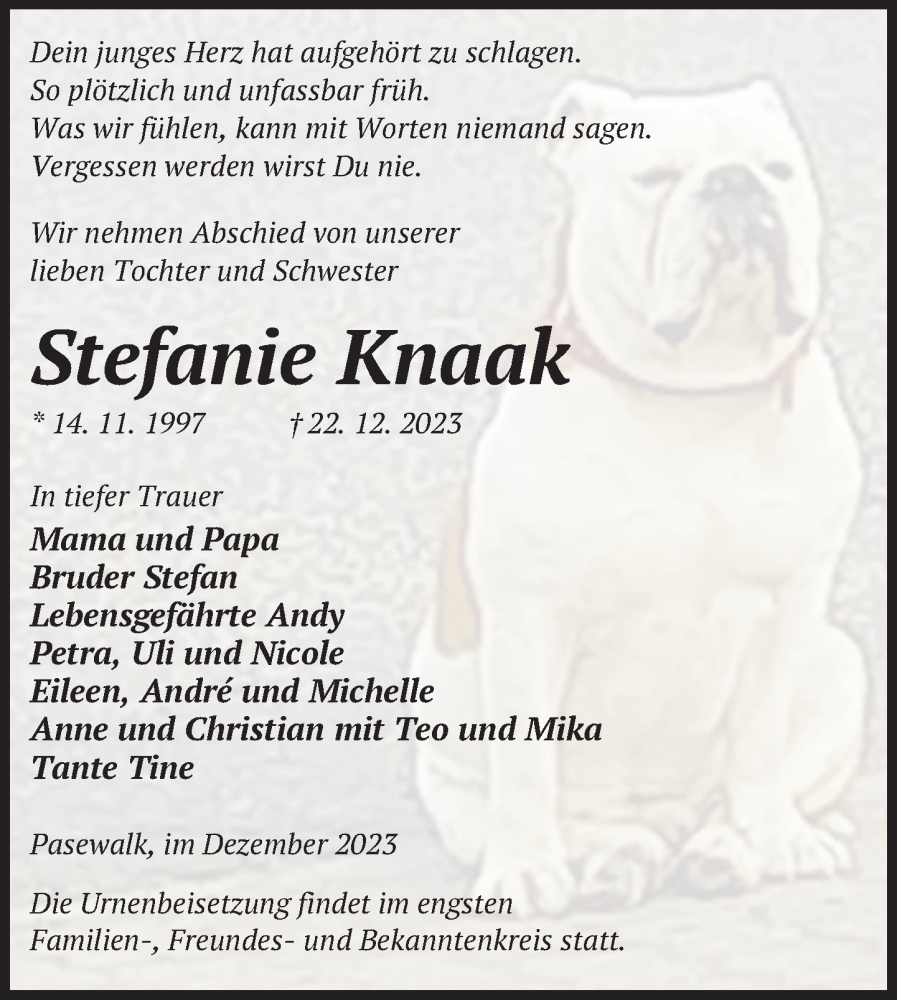  Traueranzeige für Stefanie Knaak vom 16.01.2024 aus Pasewalker Zeitung