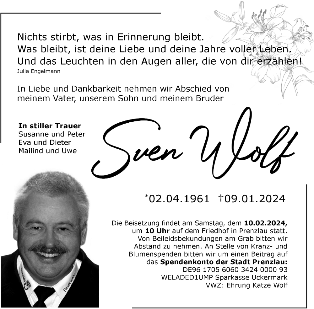  Traueranzeige für Sven Wolf vom 20.01.2024 aus Uckermark Kombination / Prenzlauer Zeitung