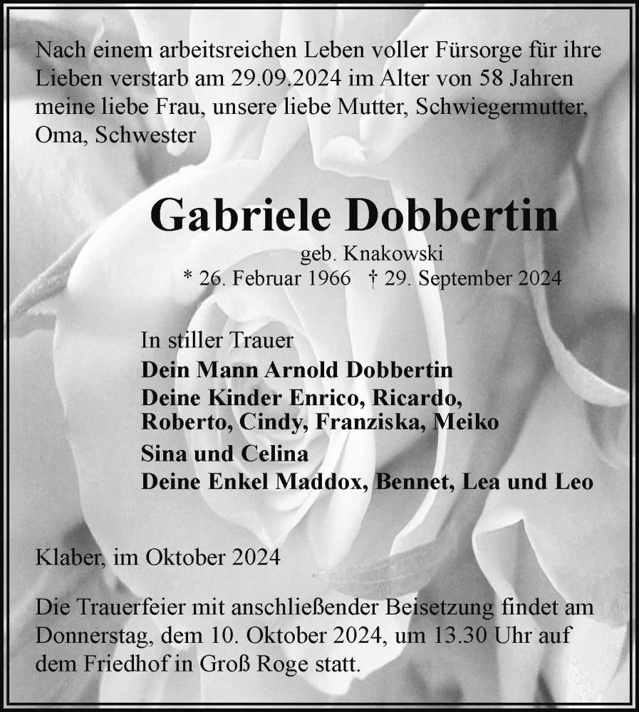  Traueranzeige für Gabriele Dobbertin vom 05.10.2024 aus Nordkurier Mecklenburger Schweiz