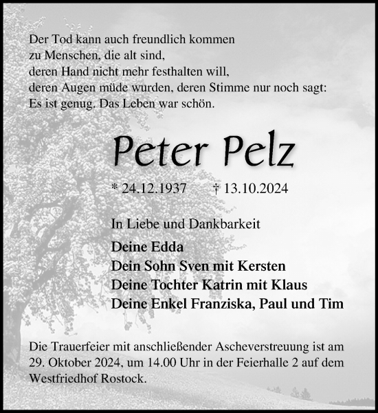 Traueranzeigen Von Peter Pelz Trauer Nordkurier