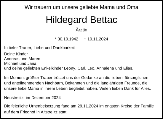 Traueranzeigen Von Hildegard Bettac Trauer Nordkurier