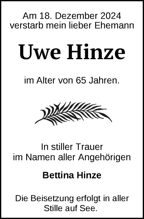 Traueranzeigen Von Uwe Hinze Trauer Nordkurier