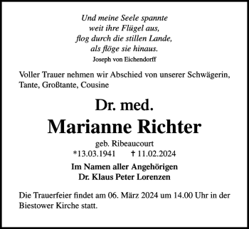 Traueranzeigen Von Marianne Richter Trauer Nordkurier