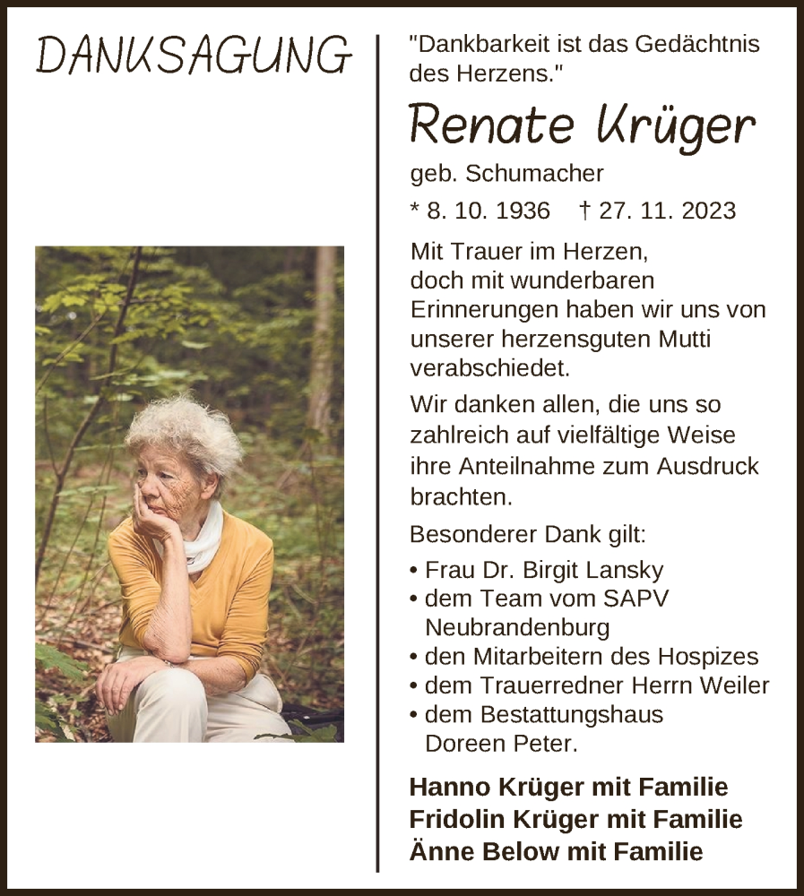  Traueranzeige für Renate Krüger vom 18.01.2024 aus Neubrandenburger Zeitung