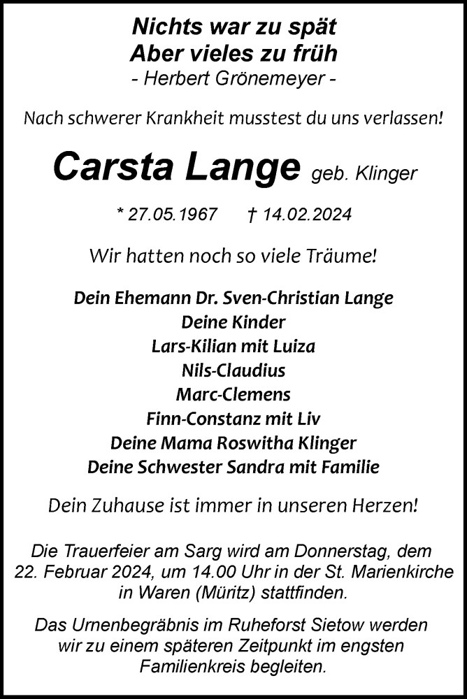  Traueranzeige für Carsta Lange vom 17.02.2024 aus Nordkurier Müritz-Zeitung