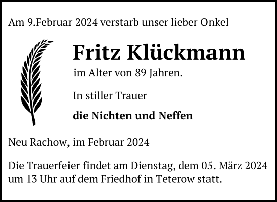 Traueranzeige von Fritz Klückmann von Nordkurier Mecklenburger Schweiz