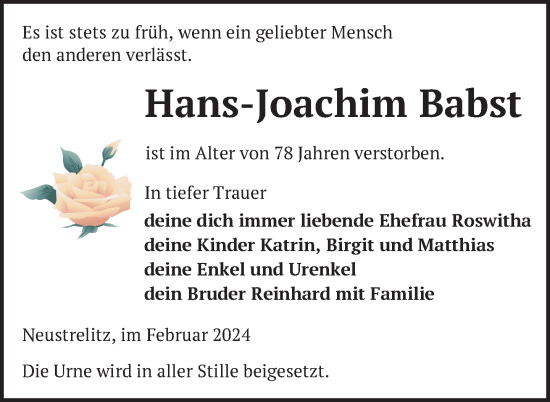 Traueranzeigen Von Hans Joachim Babst Trauer Nordkurier