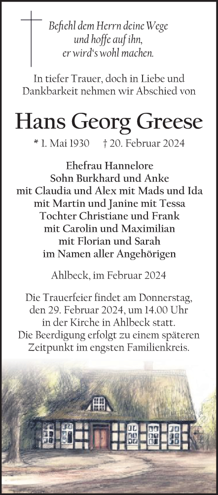  Traueranzeige für Hans Georg Greese vom 24.02.2024 aus Nordkurier Haff-Zeitung