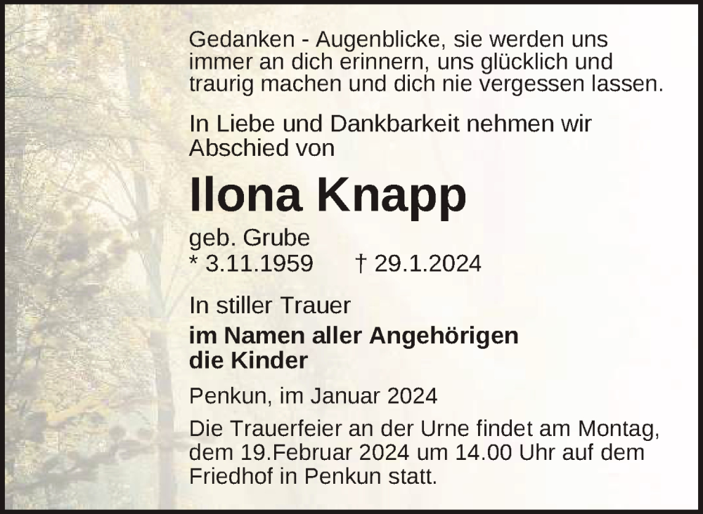  Traueranzeige für Ilona Knapp vom 02.02.2024 aus Nordkurier Pasewalker Zeitung
