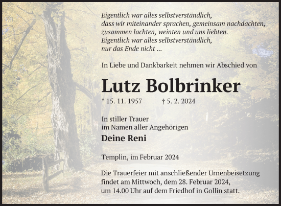 Traueranzeigen Von Lutz Bolbrinker Trauer Nordkurier