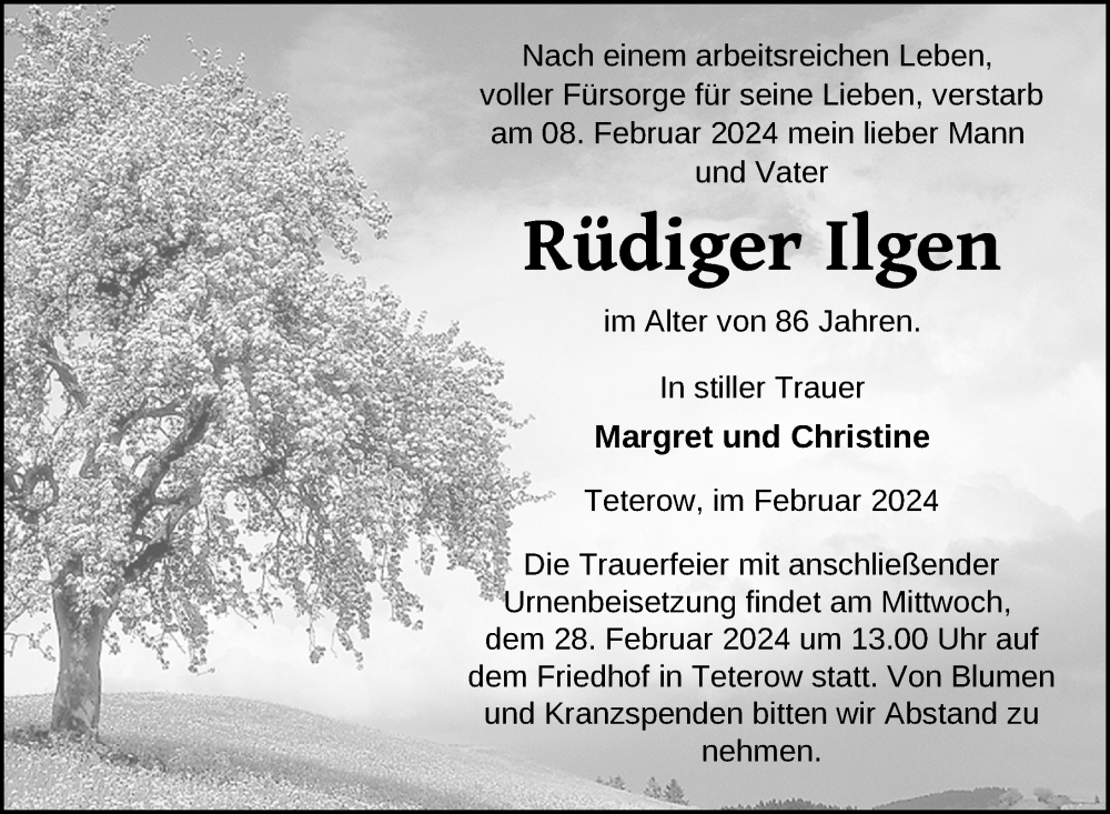  Traueranzeige für Rüdiger Ilgen vom 23.02.2024 aus Nordkurier Mecklenburger Schweiz