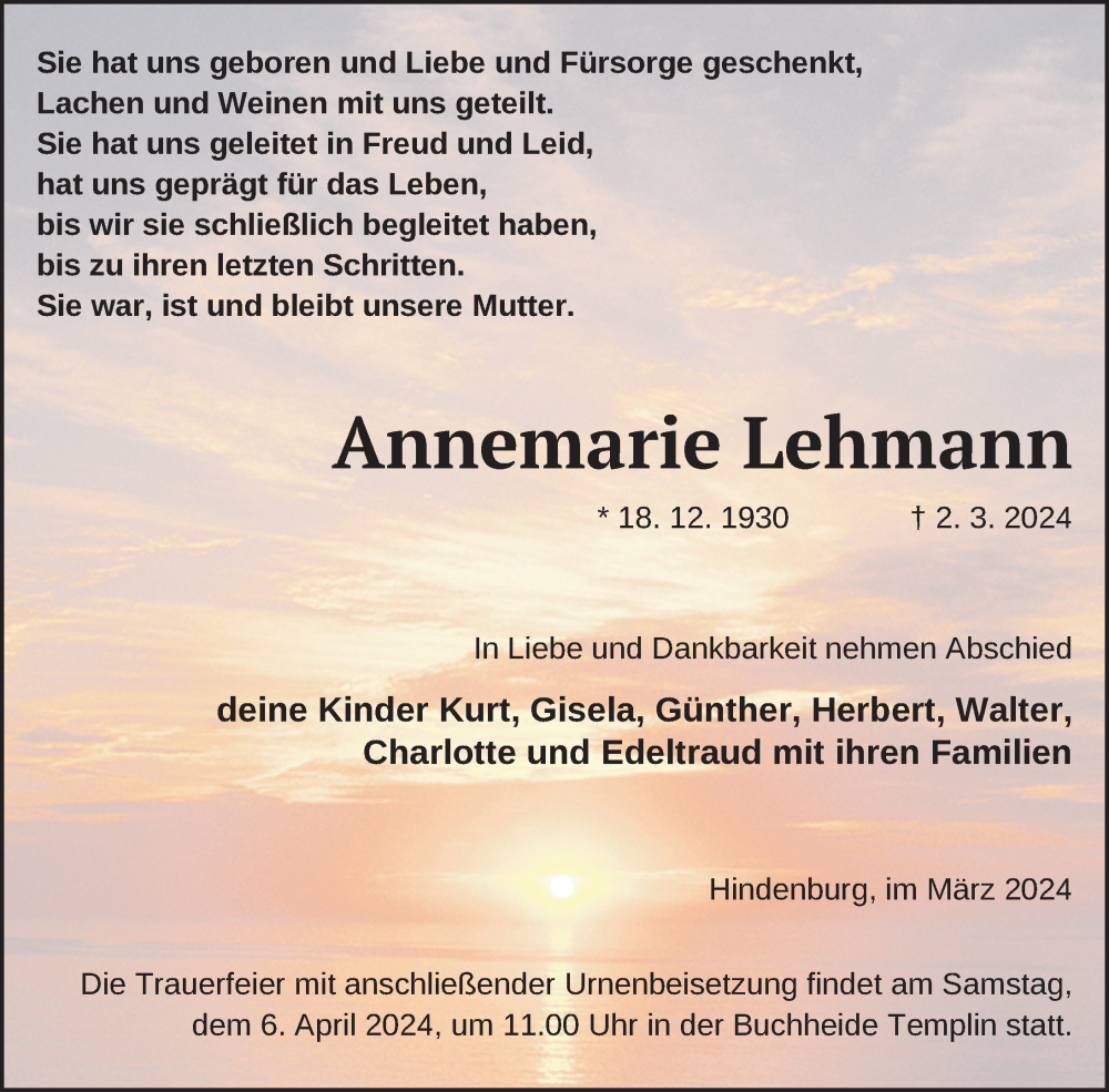  Traueranzeige für Annemarie Lehmann vom 19.03.2024 aus Uckermark Kurier Templiner Zeitung