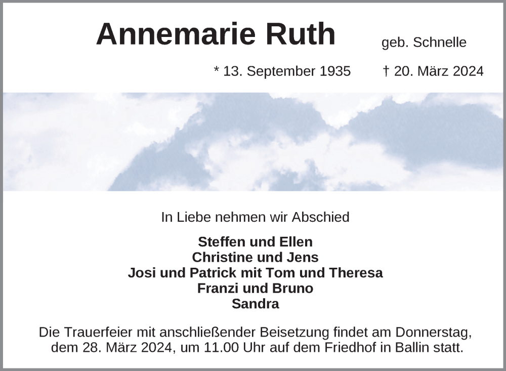  Traueranzeige für Annemarie Ruth vom 23.03.2024 aus Nordkurier Neubrandenburger Zeitung
