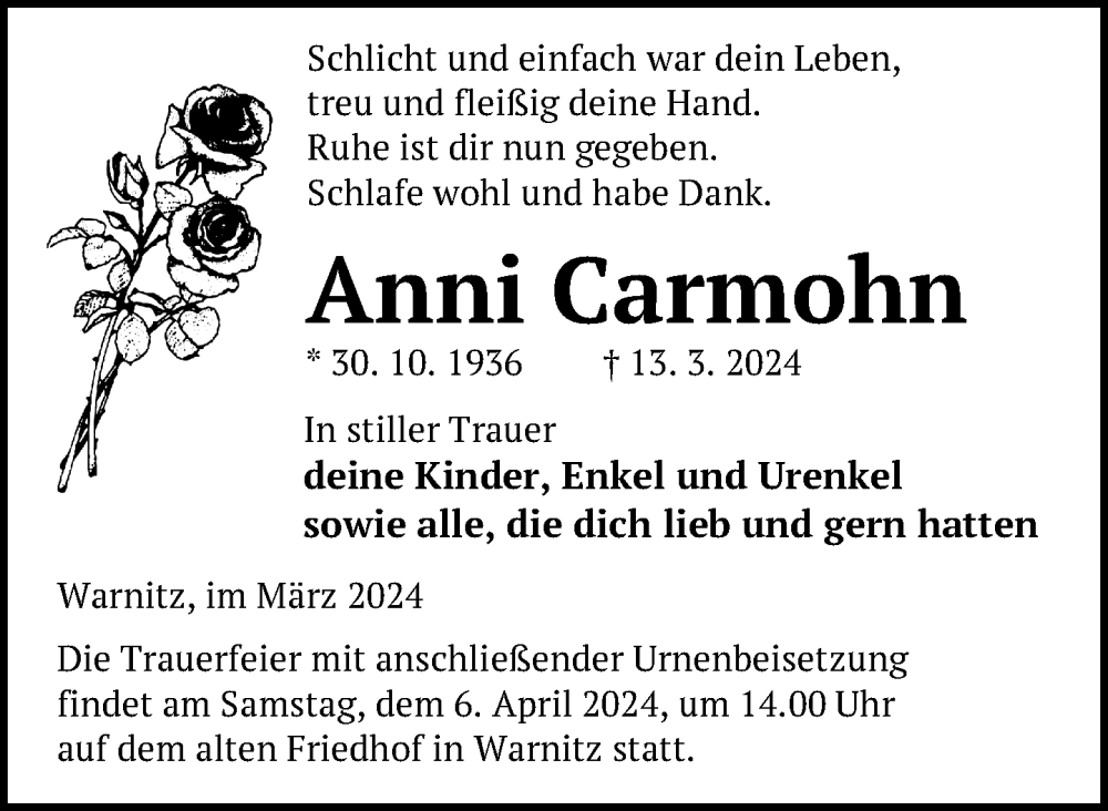  Traueranzeige für Anni Carmohn vom 22.03.2024 aus Uckermark Kurier Prenzlauer Zeitung