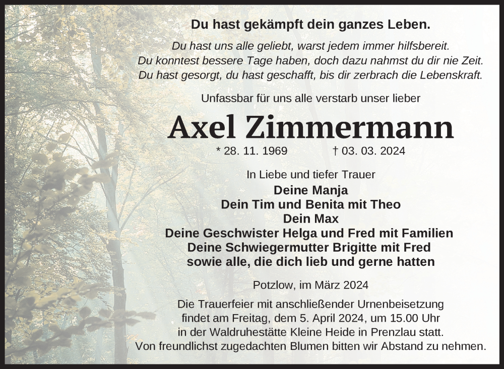  Traueranzeige für Axel Zimmermann vom 16.03.2024 aus Uckermark Kurier Prenzlauer Zeitung