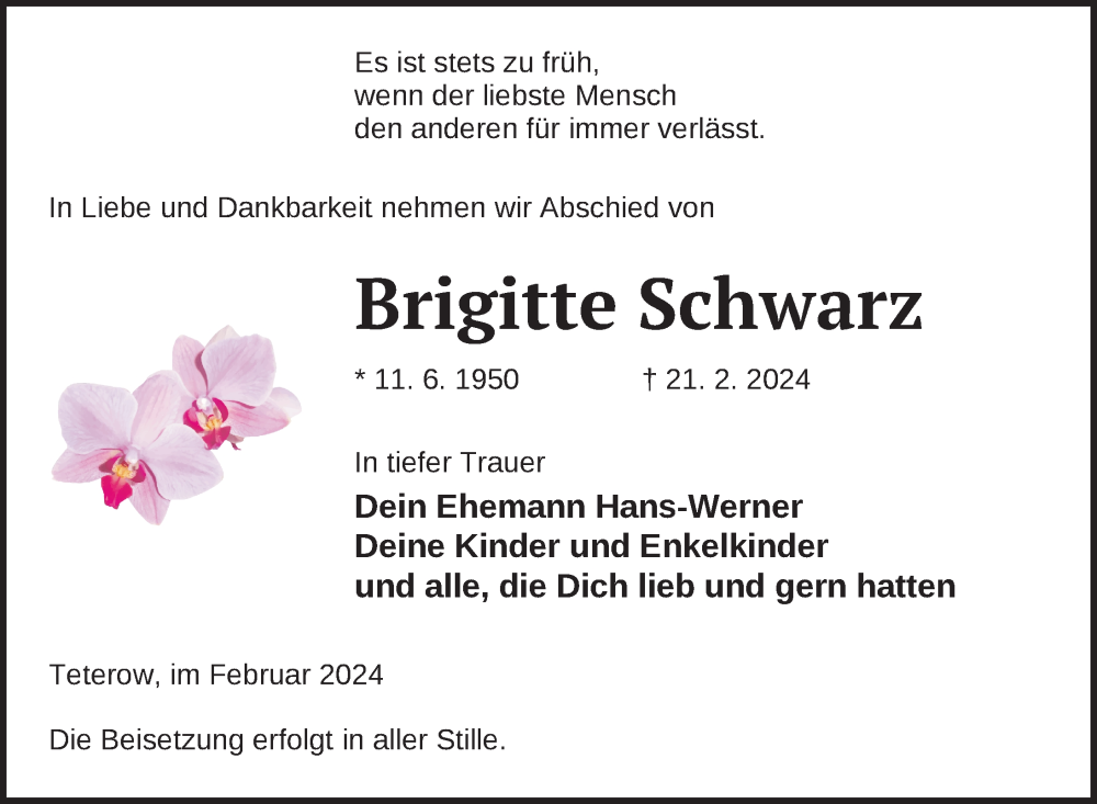  Traueranzeige für Brigitte Schwarz vom 01.03.2024 aus Nordkurier Mecklenburger Schweiz