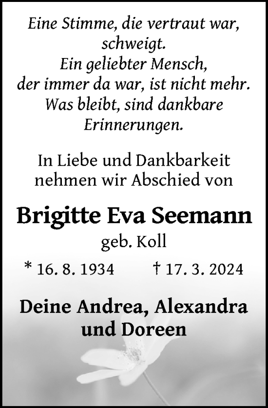 Traueranzeigen Von Brigitte Eva Seemann Trauer Nordkurier