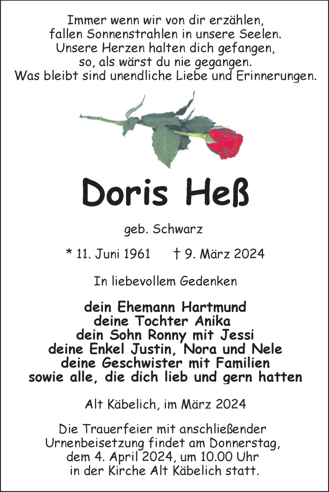  Traueranzeige für Doris Heß vom 15.03.2024 aus Nordkurier Strelitzer Zeitung