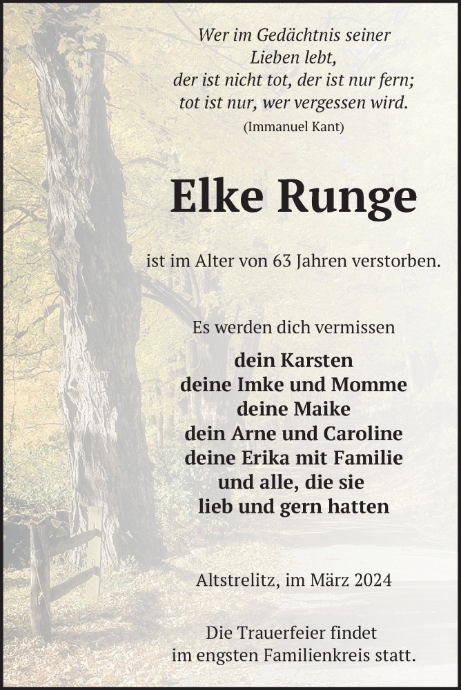  Traueranzeige für Elke Runge vom 27.03.2024 aus Nordkurier Strelitzer Zeitung