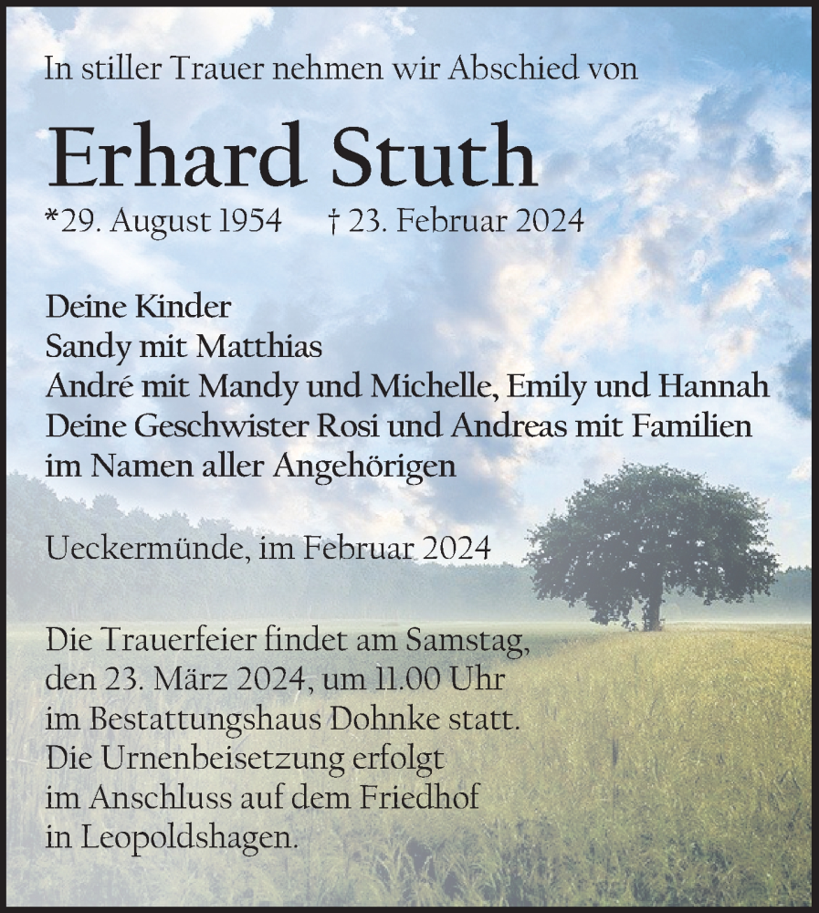  Traueranzeige für Erhard Stuth vom 16.03.2024 aus Nordkurier Haff-Zeitung