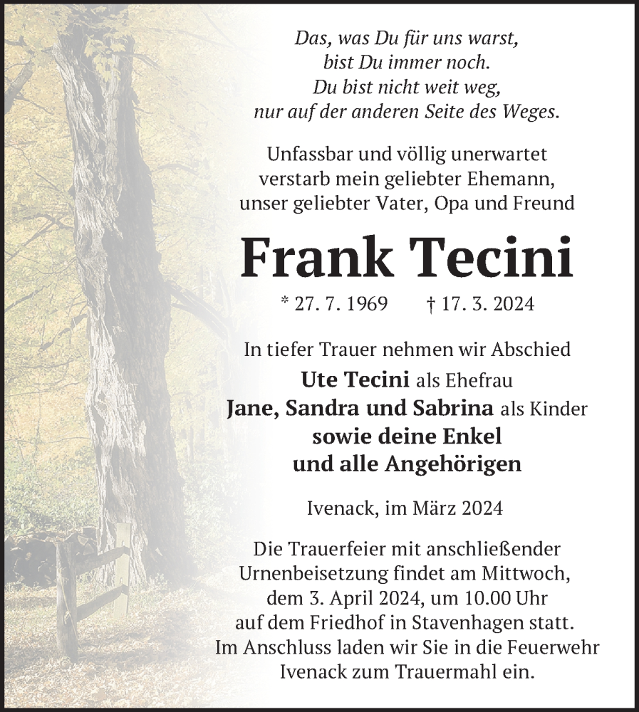  Traueranzeige für Frank Tecini vom 22.03.2024 aus Nordkurier Mecklenburger Schweiz