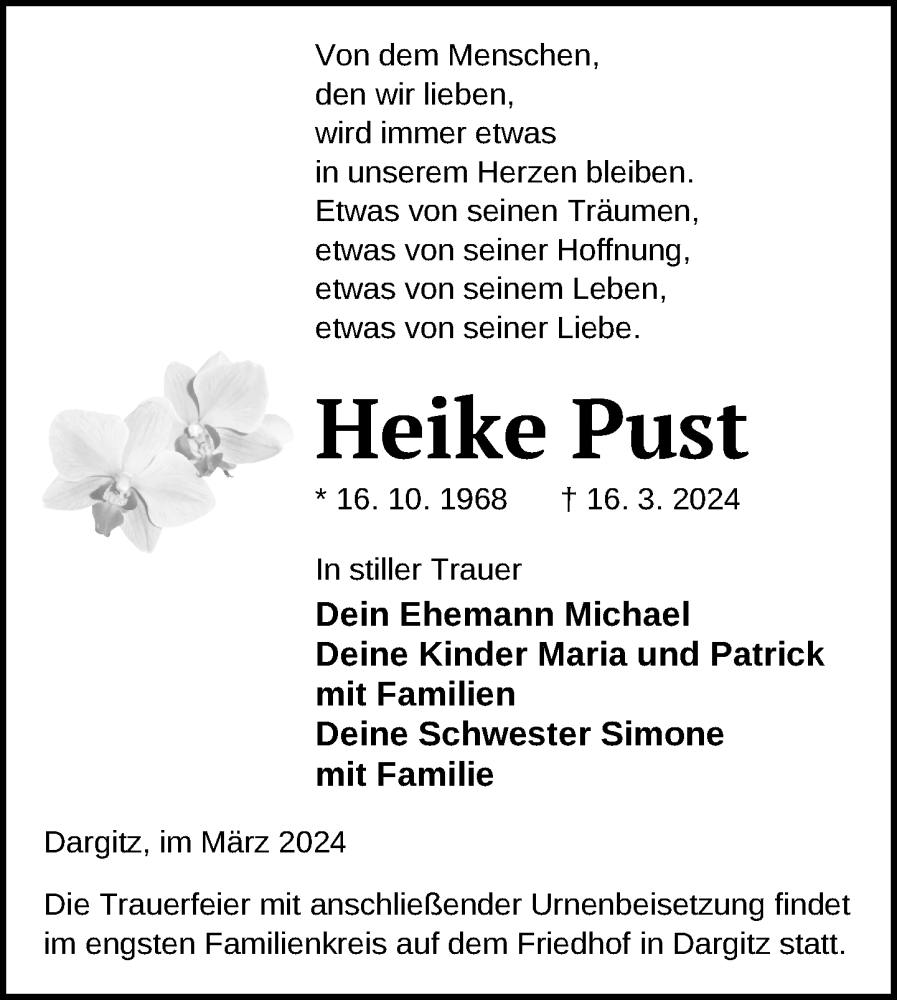  Traueranzeige für Heike Pust vom 21.03.2024 aus Nordkurier Pasewalker Zeitung