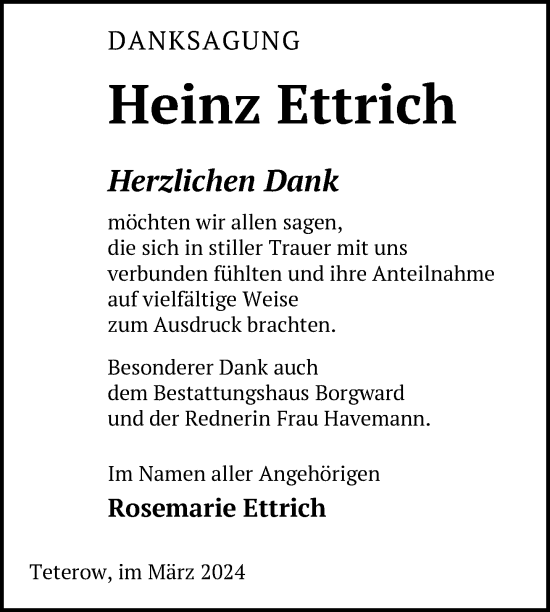 Traueranzeige von Heinz Ettrich von Nordkurier Mecklenburger Schweiz