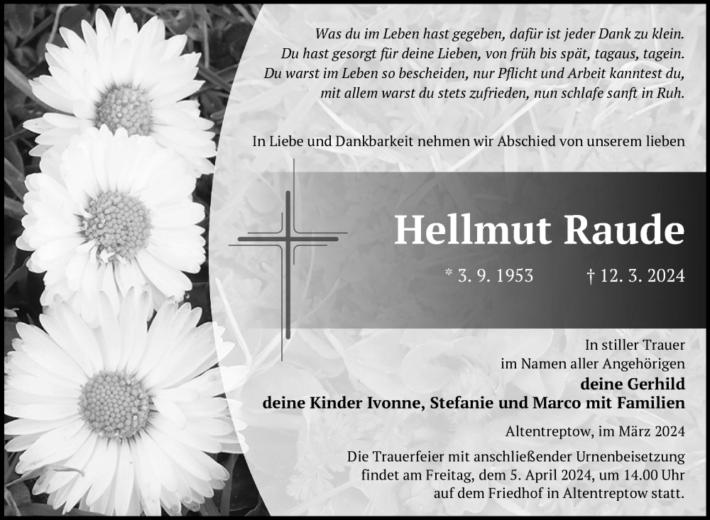  Traueranzeige für Hellmut Raude vom 22.03.2024 aus Nordkurier Neubrandenburger Zeitung