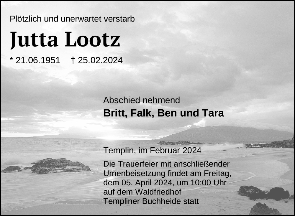  Traueranzeige für Jutta Lootz vom 28.03.2024 aus Uckermark Kurier Templiner Zeitung